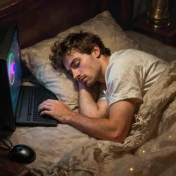 man sleeping with his gaming desktop computer in bed
