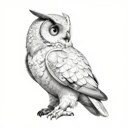 side view of a ancient alchemist steampunk owl, high details, lineart, by vincent di fate and joe fenton,, inking, screen print, masterpiece, trending on artstation, sharp, high contrast, hyper - detailed, hd, 4 k, 8 k