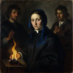 oil painting on wood. limited color palette. 1 8 9 6. portrait of a priestess with a doomed expression in blue and black. by herbert james draper, sir lawrence alma - tadema, john william godward. epitome of baroque. gloomy atmosphere. lit by flame. chiaroscuro. cinematic criterion composition by kurosawa, kubrick. trippy breathing photograph. tricks of illusion to create depth. ambient occlusion. dark shadows, bright lights. composition of renaissance. dynamic background.