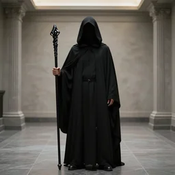 A hooded being, clad in black, stands in the center of the room. The being is shrouded in a black cloak, and its face is hidden by a black hood. It is holding a black staff in its right hand