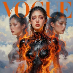 3 d, crying fashion model, flame, liquid black oil, morning, vogue cover style, poster art, high detail, intricate oil painting, multiple exposure, heaven mood, hyperrealism, 3 d, by tooth wu and wlop and beeple and greg rutkowski