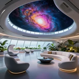ultra modern concept design of a vast spaceship interior, futuristic chairs and sofas can be seen in the foreground, a large colorful nebula can be seen from a window, large plants in the background, in the style of László Moholy-Nagy, wide angle shot