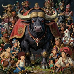 ancient javanese cyborg cape buffalo animal robot, hayao miyazaki's movies, studio ghibli's mastery of color grading detail, insanely detailed intricate, realistic octane 3 d, hyper realistic, complex scene, art station, uhq, textures, detailed expression on every face, dramatic, maximalist painting by bouguereau and gurney
