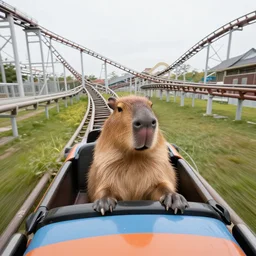 selfie of a capybara riding a roller coaster, wide angle, highly detailed