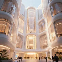 the inside of a very tall building, big pods attached to the walls, big windows, octane render, warm colours, white, cyberpunk architecture by zaha hadid, cinematic, scenery, unreal engine, render, cgsociety, modernism, futuristic, trending on artstation, sci - fi, high detail, high quality, close up angle, people walking