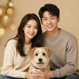 An extremely wholesome studio portrait of a happy young couple with their dog, bokeh, 90mm, f/1.4