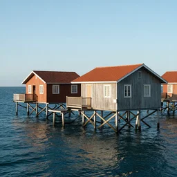 wood houses floating on the ocean, RHADS, sharp image, 8K HD