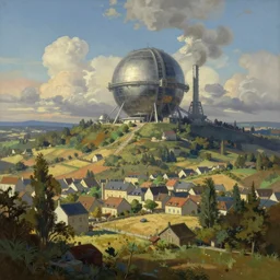 Very beautiful painting by Albert Bierstadt and City Hunter anime HD and Naïve Art HD and Toei animation backgrounds, a beautiful landscape of the french countryside with a big science fiction spherical factory on a hill, nice lighting, soft and clear shadows, low contrast, perfect