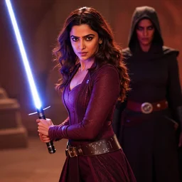 “Deepika Padukone as Sith holding light saber, Star Wars villain cinematic movie still UHD 8K”