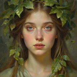 beautiful female druid, portrait, fantasy, young, correct eyes proportion, hyperealistic eyes, detailed, intricate, leaves and simple cloth, global lighting, digital art, digital painting, oil art, artstation, wlop, illustration, art by artgerm and greg rutkowski and alphonse mucha, 8 k