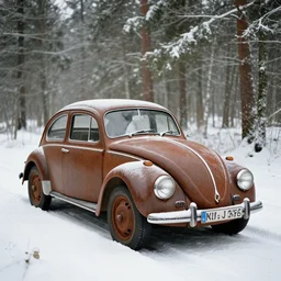 rusty sedan in winter forest