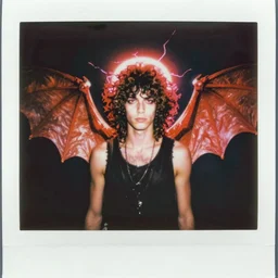 instax polaroid film photo of a young punk rock man with dark brown waist length curly hair and glowing halo of red lightning, giant see through bat wings, nostalgia, faded glow, expired film analog photography, grainy texturized dusty, saturated colorized