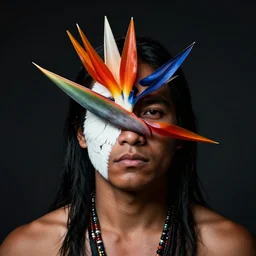 portrait of a male tupi guarani warrior with bird of paradise flower covering his face, art by marco mazzoni, dark background, asymmetrical, cinematic, colors red white blue and black