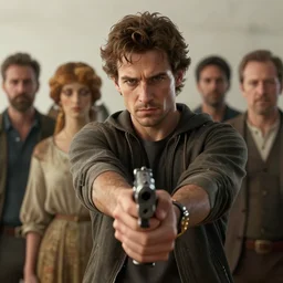a photorealistic portrait of stephane bern holding a gun cinematic lighting, photorealistic, octane render, 8 k, depth of field, 3 d, art by artgerm and greg rutkowski and alphonse mucha and uang guangjian and gil elvgren and sachin ten
