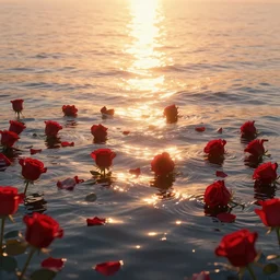 the afterglow of the setting sun shines on the water surface. there are many red roses scattered on the water surface, and the edges of the roses are shining. the atmosphere is light, lighting effects, artstation trend art workstation, ultra - clear graphics, lumion rendering, unreal engine environment, ethereal, epic scenes, dynamic lighting, movies, ultra - realistic, conceptual art, 4