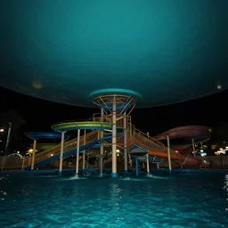 liminal space waterpark 2 0 0 0 s nighttime dark camera flash very coherent teal celing