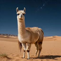 llama with dreadlocks, desert, starfall in the night sky on background, hyperrealistic illustration by greg rutkowski