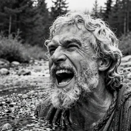 1 9 6 0 s movie still close up of marcus aurelius screaming frozen to death in a river with gravel, pine forests, cinestill 8 0 0 t 3 5 mm b & w, high quality, heavy grain, high detail, texture, dramatic light, anamorphic, hyperrealistic, detailed hair foggy