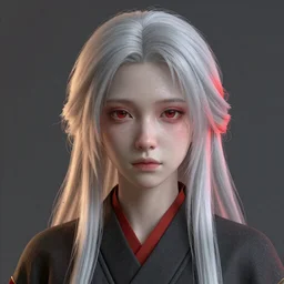 young albino kirsune maiko by hiroaki samura, unreal engine octane, red highlights,  portrait, 50mm, detailed,