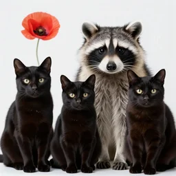 a closeup photorealistic photograph of a two different black adult cats sitting on 4 paws next to big a black and white adult racoon in a field of poppy  with a red sunset in the background. This 4K HD image is Trending on Artstation, featured on Behance, well-rendered, extra crisp, features intricate detail and the style of Unreal Engine.