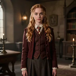 hogwarts gryffindor common room, katniss everdeen is standing, photo portrait by annie leibovitz