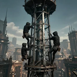 hooded thieves use ropes to climb tall metal towers in a steampunk city