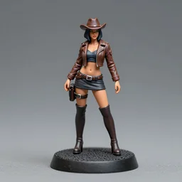 80mm resin detailed miniature of a biker womanl, Short brown leather jacket, ten-gallon hat,  over-knee boots, navel, thigh skin, on textured base; Miniature product Photos, 4K, Full body;
