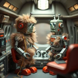 closeup digital color photo of two 1 9 4 0 s - style tin - toy robots covered with fuzzy fur, inside a small simple diorama of a spaceship control room