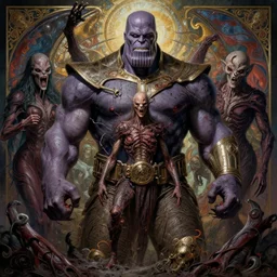 the platonic ideal of surrealism of cletus kasady ultimate carnage thanos dementor doctor manhattan chtulu nazgul, detailed, intricate, hyperrealism, intense, scary, decay, dmt, art by brock hofer and artgerm and greg rutkowski and alphonse mucha