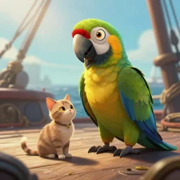 parrot and cat sit on deck of ship sea of thieves, fantasy, digital painting, volumetric light, intricate, sharp, focus, bloom, illustration, highly detailed, concept art, matte, ruan jia, randy vargas, greg rutkowski