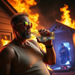 duke nukem wearing a tank top, reflective sunglasses, drinking vodka, unfazed by his house being on fire, high quality, very detailed, a beautiful photo, national geographic quality