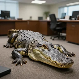 photorealistic alligator at the office. hyperdetailed photorealism, 1 0 8 megapixels, cinematic lighting