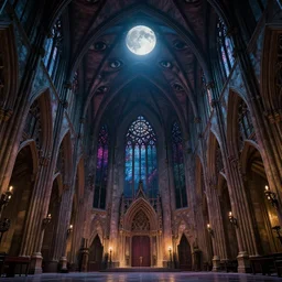 large gothic hall with large eyes on the ceiling, horror movie, moonlight, artstation, detailed, colorfull, futuristic