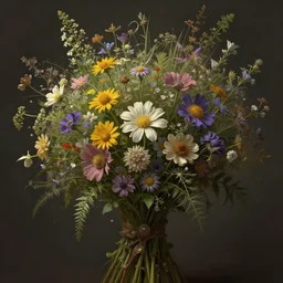 a beautiful bouquet of wild flowers, deep focus, d & d, fantasy, intricate, elegant, highly detailed, digital painting, artstation, concept art, matte, sharp focus, illustration, hearthstone, art by artgerm and greg rutkowski and alphonse mucha