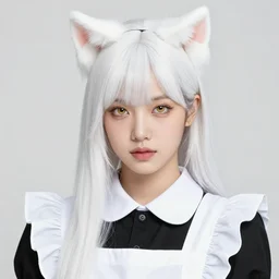 realistic beautiful gorgeous natural cute Blackpink Lalisa Manoban white hair cute white cat ears in maid dress outfit golden eyes artwork drawn full HD 4K highest quality in artstyle by professional artists WLOP, Taejune Kim, Guweiz, ArtGerm on Artstation Pixiv