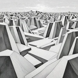 Geometrically surreal landscape, extremely high detail, photorealistic, intricate line drawings, dotart, album art in the style of James Jean