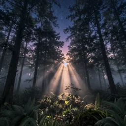 a beautiful forest at dusk, fog, fantasy, starry night sky