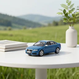 a small miniature of a Denim Blue Audi A4 B6 on a white table near a book and a vase with a plant, 3d render, octane render, unreal engine 5, path tracing, serene landscape, calm, relaxing, beautiful landscape, highly detailed, high quality, 4k, symmetrical, low contrast