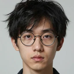 portrait of a young man, black hair, chaotic hair, rounded glasses, detailed, hyperrealistic, realistic, symmetrical, close up, by artgerm, by alena aenami, by anato finnstark