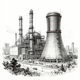 beautiful ink sketch, dieselpunk high fantasy, a nuclear plant in a city by chris riddell, ilya kuvshinov, wlop, krenz kushart, boris vallejo, ayami kojima and ayami kojima