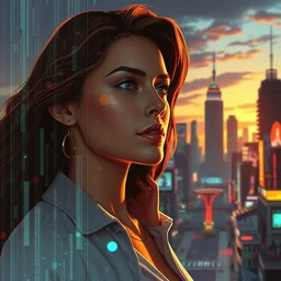 a woman becoming digital data, in the background a big city, at sunset, art by syd mead