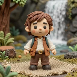 high - res photograph of a claymation sculpture action figure cute frodo, highly detailed sculpey diorama, forest setting, waterfall backdrop, realistic materials, wood, felt, cloth, burlap, smooth, sharp foccus, commercial product photography,