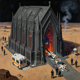 detailed portrait, intricate complexity, by greg rutkowski, ross tran, conrad roset, takato yomamoto, ilya kuvshinov huge gothic crematorium on desert planet, elevator, side ramp entrance ambulance dead bodies, guards intricate, painting by lucian freud and mark brooks, bruce pennington, dark colors, neon, death, guards, nice style smoke