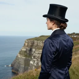 a woman wearing a man's top hat and silk tailcoat, looking at the horizon from the top of a cliff