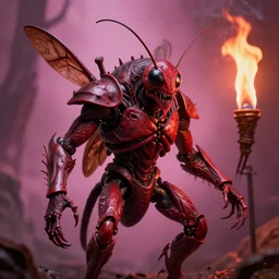 airbrush macro insect viscer as god maggot armor, syd mead, chris foss, enric torres, alberto bontempi, feng zu hyper realism, narrative light, red & puce colors, epic, hyper detailed, awe inspiring, award winning horror, torch lighting, hyper realism, cinematical