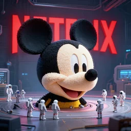 a beeple created image of the cartoon character mickey mouse's head, being built by small astronauts in a large room, with a red glowing netflix sign behind it