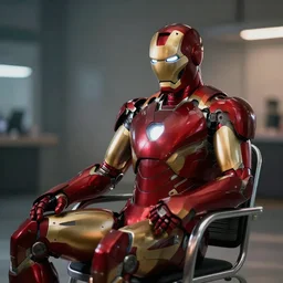 iron man is sitting in a metal chair, clear focus, bokeh effect, high res, hasselblad, dslr, professional, cinematic