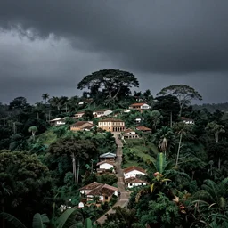 a small italian village on a hill, in the midst of the amazon forest. arched streets, huge tropical trees, dark, atmospheric, stormy weather, ansel adams 1 9 5 7