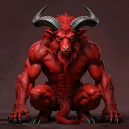 a red skinned highly muscular devil satyr with goat legs, yellow goat eyes, long pointy chin, red face, and two huge water buffalo like black horns jutting out from the top of his large red head, in the style of darkness from the movie legend
