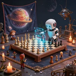 a beautiful tapestry, a small robot playing a futuristic holographic chessgame on a distant planet, ultra detailed, dystopian lighting, steampunk, isometric view, moody, candles, characters from machinarium, by don bluth, trending on artstation, octane render, 8 k, ultra realistic
